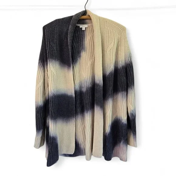 J.Jill Pure Jill Women's Cable Knit Cardigan Open Front Blue Ivory Tie-dye Large - Picture 2 of 16